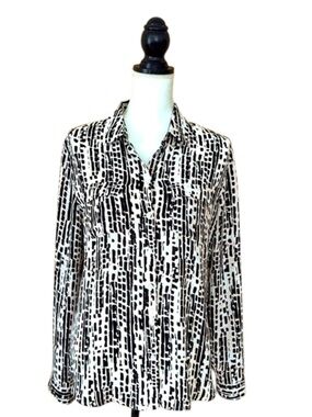 LOFT abstract print button up blouse long sleeve roll tab size Medium